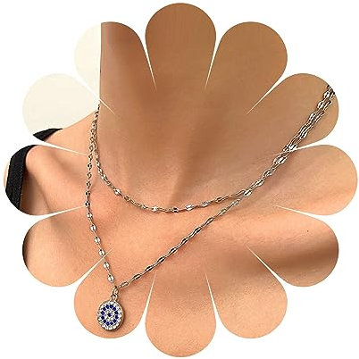Inateannal Boho Geschichtet Kristall Bösen Blick Halskette Silber Bösen Blick Anhänger Halskette Griechischen Auge Halskette Türkischen Bösen Blick Schutz Halskette Schmuck Für Frauen Und Mädchen