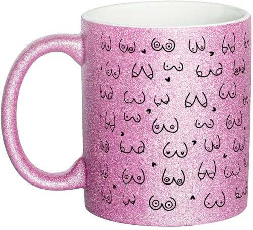 OM3® witzige Glitzertasse mit Brüsten Kaffeetasse Titten Tasse Brüste-Muster - Glitter Tasse - Keramik Becher - 11oz 325ml - Rundumdruck - Rosa