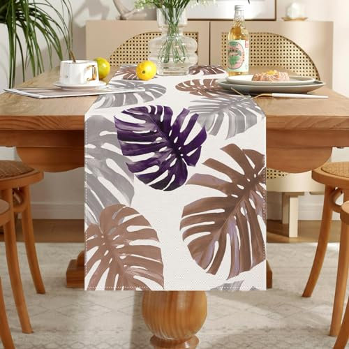 Runner Tavola Moderno Marrone Runner da Tavolo Lino Grigio Ginkgo Biloba Lavabile Tovaglia Rettangolari Centrini Moderni per Mobili per la Sala da Pranzo Cucina Decorazioni per la Tavola 33x183 CM