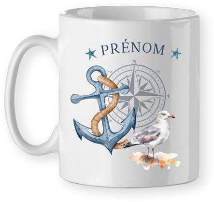 Mug nautique ancre tasse capitaine à personnaliser prénom et nom du bateau, cadeau pour marin thème mouette plage mer océan voilier