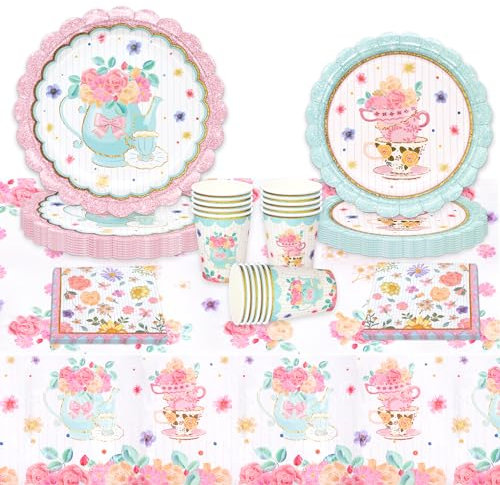 Afternoon Tea Floral Paper Disposable Plates Cups Napkins Table Cloth, Paper Plates Tableware for Mother's Day Afternoon Tea Wedding Anniversary Birthday Baby Shower Decoration (16 Guest Set)