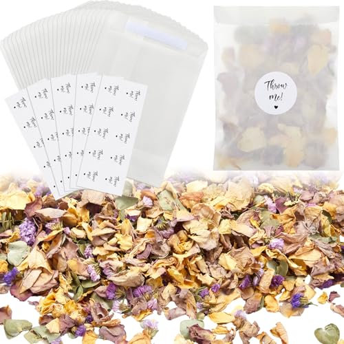 Tenare 50 Sets Wedding Confetti Bags Kit for 45-50 Guests, Includes Biodegradable Natural Dried Flower Confetti Dried Rose Petals Glassine Paper Bags Stickers for Wedding Anniversary(Cute)