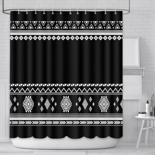 AIBIIN Rideau de douche bohème moderne noir 180 x 180 cm pour salle de bain en polyester durable avec 12 crochets