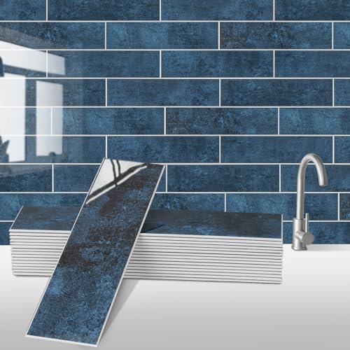 Peel and Stick Backsplash Wall Tile for Kitchen, 24-Sheet Subway Adhesive PVC Mosaic Tiles Decorative Backsplash Tiles Stick on Bathroom(Blue)