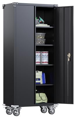 SUPEER Metallschrank mit Abschließbare Räder und 4 höhenverstellbaren Fachböden,Stahlblech Pulverbeschichtung,Stahlschrank Abschließbar für Werkzeuge,Garage183 x 80 x 40 cm(schwarz)