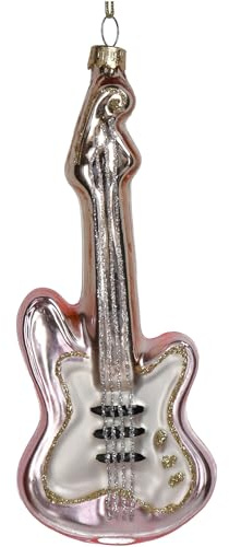 Christbaumschmuck Glas 14,6cm - Gitarre Figur zum Aufhängen - handbemalt & mit Glitzer - Weihnachtsbaum Anhänger für Weihnachten - Christbaumanhänger & Weihnachtsbaumschmuck - Musik Instrument Rosa