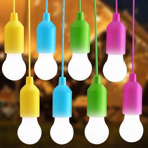 MODOAO Lamping LED Leuchte, Pull Light Led Camping Laterne,Hängende Zeltleuchte,Tragbare LED Lampe Warmweiß für Camping, Wandern, Outdoor, Party (Yellow+Blue+Green+Pink, 8 Pack)