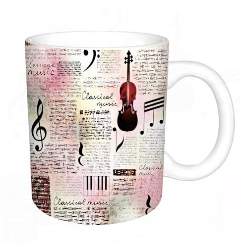 KDWJS Tasse Keramik Kaffeetassen Große 11oz Tassen 330ml Trinkgläser Mit Griff Personalisierte Geschenk Weiß,Violinschlüssel und Noten auf unscharfem Hintergrund. Klassischer Musikhintergrund