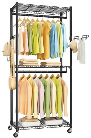 SONGMICS Schwerlastrollender Kleiderständer, Kleiderständer, tragbarer Schrank, 29,5 Zoll breiter Kleiderständer auf Rollen, mit verstellbaren Netzablagen und Kleiderstangen, Haken, Tintenschwarz