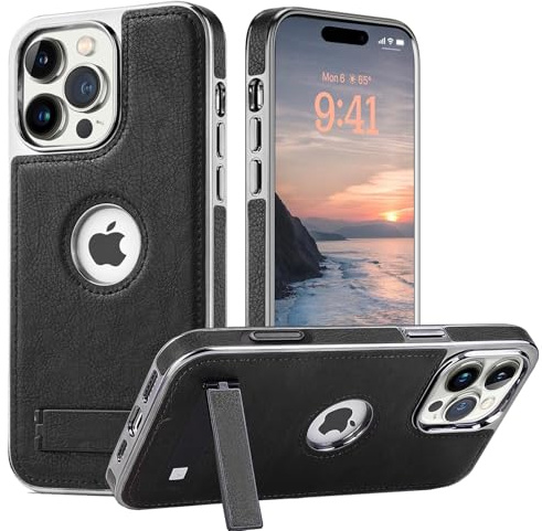 Furwabo für iPhone 16 Pro Max Leder Hülle mit Ständer, 2 Verstellbare Standmodi, Luxuriöse Business-Galvanikkanten, Fallschutz in Militärqualität, Schlanke Rücken Cases für iPhone 16 Pro Max (Schwarz)