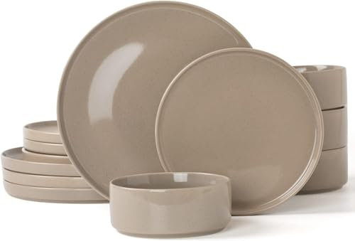 Richmount Nebula Geschirrset 4 Personen, 12-teiliges Teller Set und das Schüsselset, Sprenkel Steingut Geschirr Set, Tafelservice, Mikrowellen- & Spülmaschinenfest, Zimtbraun