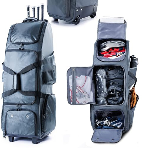 VIGEGARI Große Baseballtasche mit Rollen – Softball-Tasche für T-Ball bis Erwachsenenligen, grau, 4 Schläger, separates Schuhfach, Zaunhaken