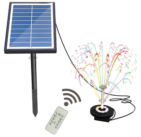 ERYUE Solar-Wasserpumpe mit buntem Licht und Fernbedienung, 17-teiliges doppelschichtiges Set mit durchsichtigen Düsen, 7 W Solar-Springbrunnenpumpe, eingebauter 3000-mAh-Akku, max. 400 l/h Durchfluss