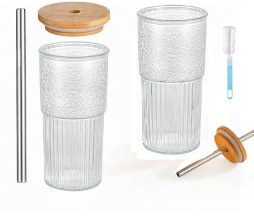 2Pack 20oz Glass Cups with Lids and Straws, Glass Tumbler with Straw and Lid for Water, Beer, Cocktail, Tea, Coke, Juice, Soda