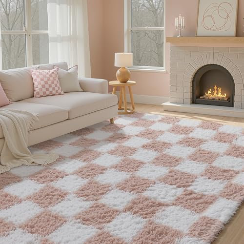 HUGEAR Teppich Kariert Hochflor Teppich Wohnzimmer 160X230cm Rosa weiß Teppiche Schlafzimmer Rutschfester Kinderteppich Flauschig Weicher und GemüTlicher Carpet Living Room Kinder Mädchen Jun