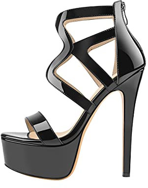 blingqueen Damen Riemchensandalen Plateau Sandaletten Stiletto Absatz Sommerschuhe Schwarz Lack High Heels 40 EU