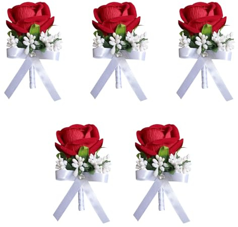 5 x Rosen-Boutonniere für Hochzeit, Jahrestag, Dinner-Party, Rosen-Ansteck-Armband für Braut und Bräutigam