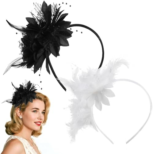 Cosysparks Bandeau à Plumes,2 Pièces Élégante Noir et Blanc Serre Tete Fille Headpiece Des Années 1920 pour les Femmes Accessoires de Cheveux Élastiques pour Mariage Carnaval Cocktail Ball Party