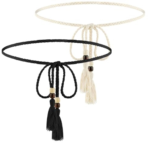 BOHUIZ 2Pcs Skinny Tassel Waist Belt with Wooden Beads for Women, Skinny Woven Waist Rope Belt Black + White Boho Braided Waist Belt Rope Chain for Thin Dresses, Skirts, and Tunics