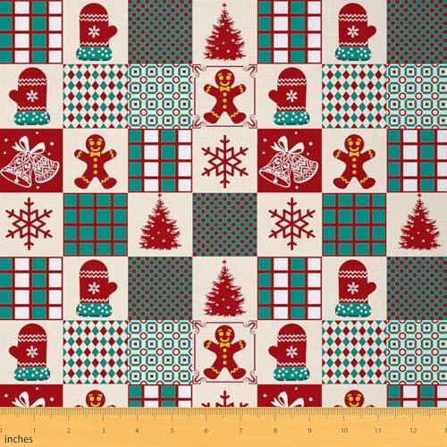 Loussiesd Tessuto natalizio al metro, tessuto per tappezzeria geometrico a quadri con omino di pan di zenzero per sedie, albero di Natale fiocco di neve stile etnico esotico decorativo impermeabile