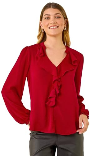 Roman Originals Ruffle Front V-Neck Satin Blouse for Women UK - Ladies Everyday Autumn Winter V-Neckline Comfy Soft Evening Vacation Work Party Night Out