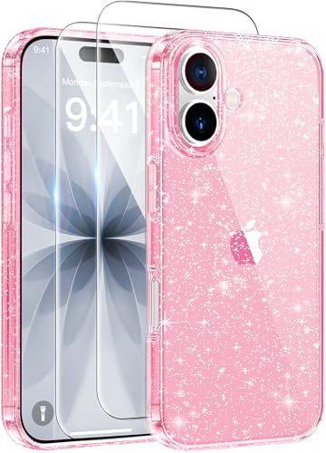 AROYI 3 in 1 Clear Glitter Case Compatible with iPhone 17 Case with 2 Tempered Glass Screen Protector, Soft Bumper Anti-Scratch Sparkle Bling Women Girls Phone Case for iPhone 17 6.3, Pink
