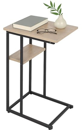 Relaxdays C-shaped side table, large & small shelves, HWD 60x40x30cm, for sofa & bed, metal & MDF, light brown/black