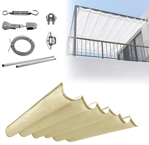 Ausziehbare Pergola-Abdeckung mit Montagezubehör – einfach zu montierende Überdachung für Terrasse, Veranda, Pavillon, Carport, Beige, 9 x 2 m