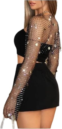 Glitzer Bolero Damen mit Pailletten Strass - Mesh Jacke für Party Festival | Funkelnde Details, transparente Mesh-Optik, Langarm, kurzer Schnitt, vielseitig kombinierbar für Party, Club & Festival