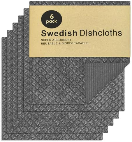 AMFUN 6er Pack Schwedisches Geschirrtuch, Wiederverwendbare Spültücher, Waschbare Schwammtücher Küche, Für Jede Oberfläche Geeignete Spüllappen(Dunkelgrau)