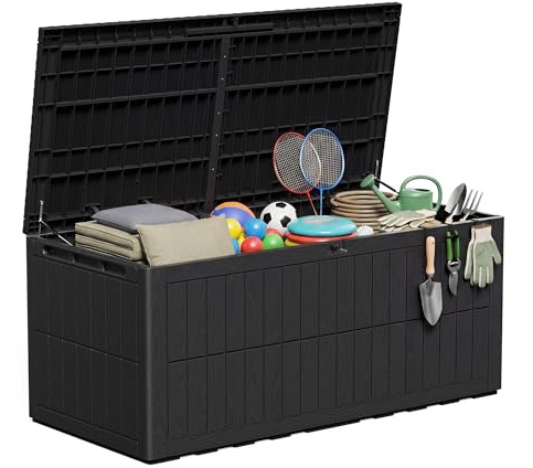 Amopatio Auflagenbox 680 Liter, Gartenbox XXL Wasserdicht aus Resin, Kissenbox für Balkon, Garten & Terrasse, Wetterfeste Aufbewahrungsbox mit Gasdruckfeder, Schwarz