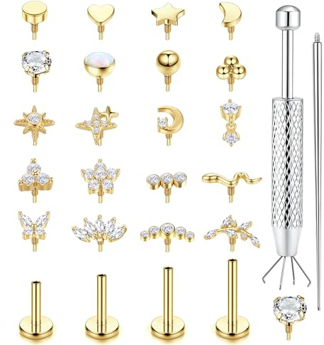 16G/18G Tragus Helix Labret Piercings Chirurgenstahl Nasenpiercing Lippenpiercing Stecker Hypoallergener Ohrringe Innengewinde Ohrstecker Set Gold Sliver Muschel Conch Knorpel Ohrringe Piercings Ohr
