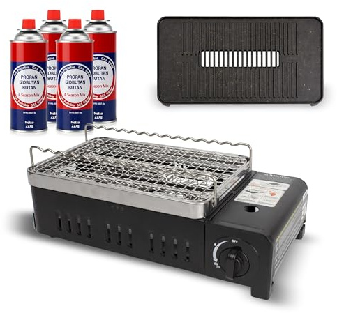 BESCH Barbacoa de Gas Butano Portátil 2 en 1 con Parrilla Desmontable + 4 Cartucho de Gas Butano, Hornillo Camping con Encendido Piezoeléctrico, Cocina de Gas Compacta para Camping Picnic