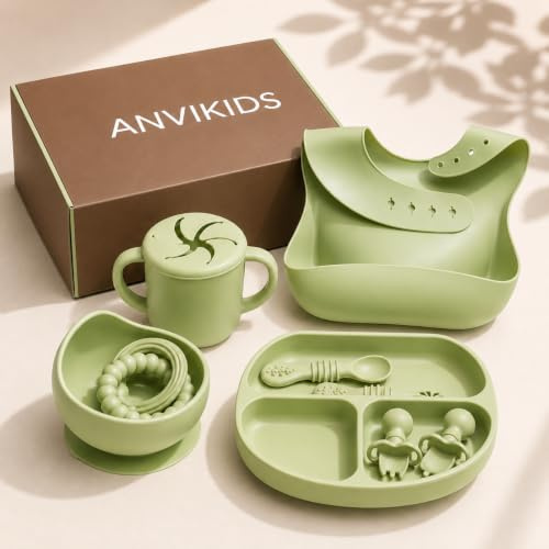 ANVIKIDS Baby Geschirr Set aus Silikon mit Saugnapf | Geschenkbox mit Teller, Schale, Lätzchen, Snackbecher, Lernbesteck & Beißring, BPA-frei, für Beikost & BLW, ab 6 Monaten