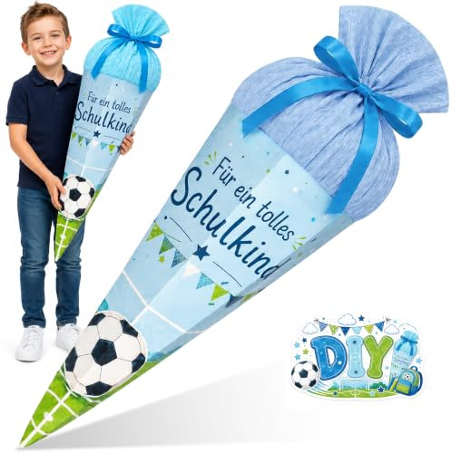 58 cm Schultüte Einschulung Jungen Zuckertüte Füllung Groß Bastelset | Geschwister Schultüten Einschulung Jungen Geschenk, Fußball Blau DIY Zuckertüte 6-eckig, Lackkarton, Ø 24 cm