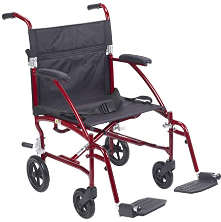 Drive Medical DFL19-RD Fly Lite Ultra Lightweight Folding Transport Wheelchair with Swing-Away Footrests, Red