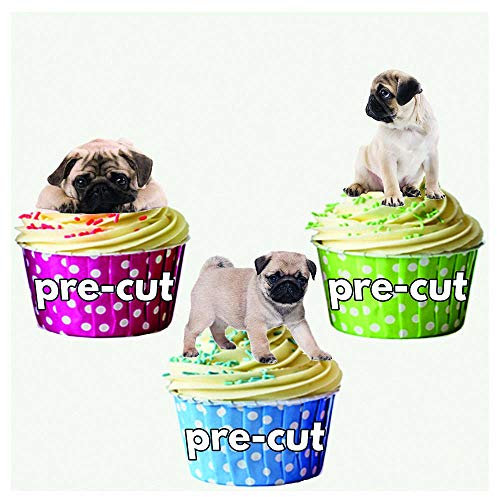 AK Giftshop PRE-CUT Cute Pug Puppy Mix - Edible Cupcake Toppers/Cake Decorations (Pack of 12)