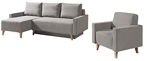 Polstergarnitur Oviedo III Ecksofa mit Bettkasten und Schlaffunktion, Sessel, Eckcouch, Polstermöbel im skandinavischen Stil (Moric 06, Füße: San Remo Eiche Dunkel)