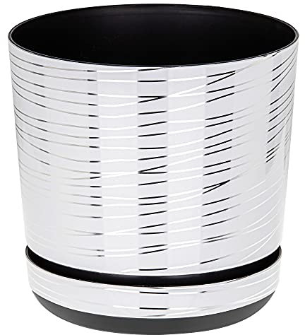 KORAD White with Silver Stripes Indoor Plant Pots with Saucer and Drainage Holes, Round, Modern and Decorative Flowerpot for All Houseplants, 6 sizes, 25 colours (12 cm - 4.7 inch)
