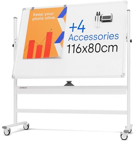Rollendes magnetisches Whiteboard 116 x 80 cm - Großes tragbares Whiteboard mit Ständer - Doppelseitiges Whiteboard mit Rädern - Mobiles Whiteboard für Büro, Klassenzimmer und Zuhause