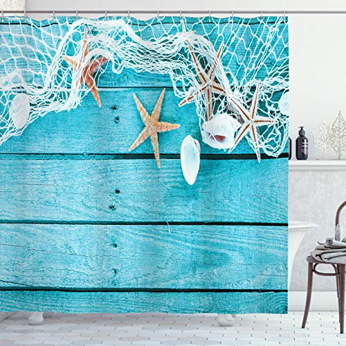 ABAKUHAUS maritim Duschvorhang, Nautik Muscheln und Net, Stoffliches Gewebe Badezimmerdekorationsset mit Haken, 175 x 220 cm, Aqua und Tan