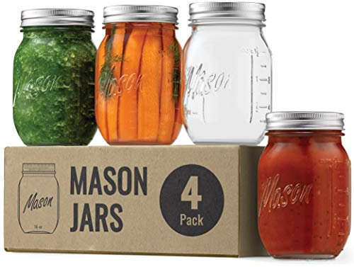 Premium Glass Mason Jars (474ml) Glass Jars with Silver Metal Airtight Lids for Meal Prep, Food Storage, Canning, Drinking, for Overnight Oats, Jelly, Dry Food, Salads, Yogurt (4 Pack)