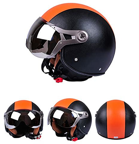 Vintage Casco Jet con Occhiali, ECE Omologato, Casco Moto Vintage in Pelle, per Scooter Touring Crociera Biker (57~62CM)