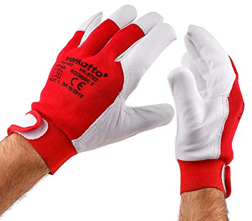MIVOS Guanti di montaggio, guanti da lavoro in pelle e cotone, taglia 10 / guanti da giardinaggio in pelle di capra/guanti da costruzione con chiusura in velcro/EN 420 CAT I