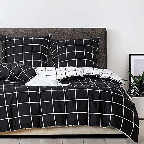 Gezu Housse de Couette 220x240cm a Carreaux Noir et Blanc Réversible Parure de Lit 2 Personnes Microfibre avec Fermeture Éclair Sets de Housse de Couette avec 2 Taie d'oreiller 65x65cm