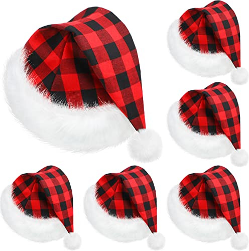 SATINIOR 6 Pieces Santa Hat Christmas Hat Claus Xmas Hat for Adults Unisex with Lining Plush Brim for Christmas New Year Party