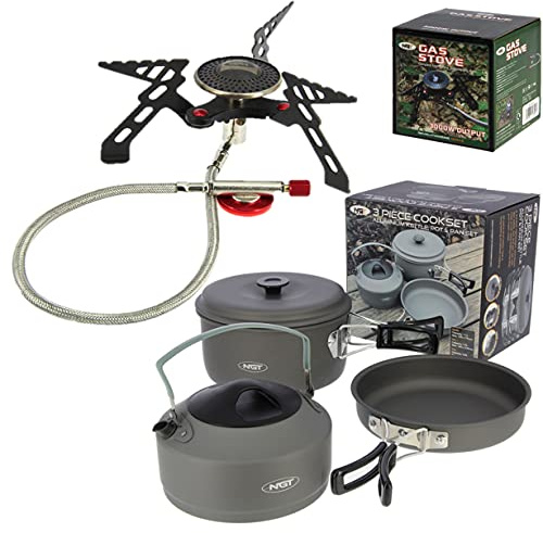 NGT Fishing Gas Portable Stove Compact 3000w Output + NGT 3pc Outdoor Cook Set