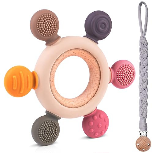 Vicloon Beißring für Babys, Baby Spielzeug Silikon BPA-frei Spielzeug, Baby Zahnungshilfe Zubehör, Baby Ruder Greifling Zahnen Nursing Zubehör mit Hölzern Ring, 3-6-12 Monate Babys (Grau)