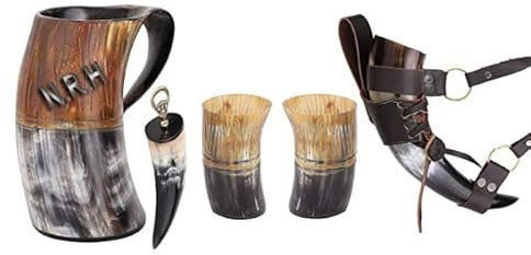 Viking Drinking Horn Set Authentic Ox-Horn Handcrafted Tankard for beer mead wine ale water Carved Drinking Mug with Horn Belt Holster Neck Strap Shot Cup Bottle Opener Polished Finish