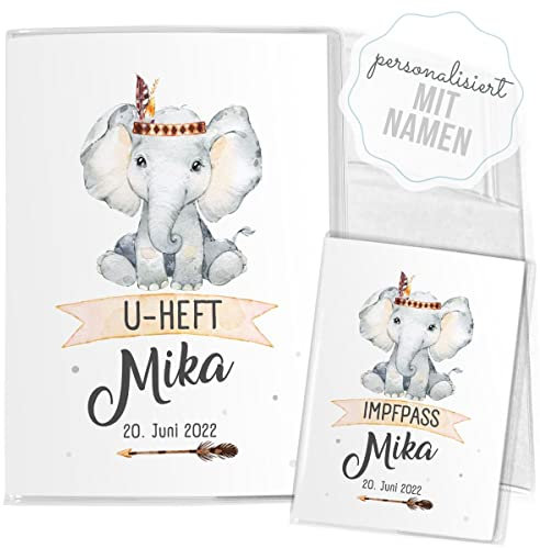Mikalino Hülle für U-Heft + Impfpass Niedlicher Elefant mit Stirnband und Feder (Name, Datum) Impfpasshülle & Schutzhülle, Grösse:U-Heft Set 3-teilig personalisiert, Farbe:7012_Elefant